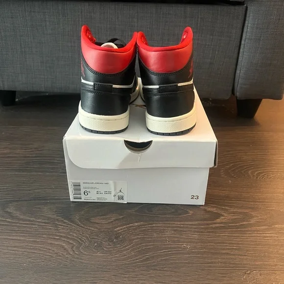 Women’s Nike Air Jordan 1 Mid Black and Red Sneakers BQ6472-061 (Red Panda) - Picture 5 of 13